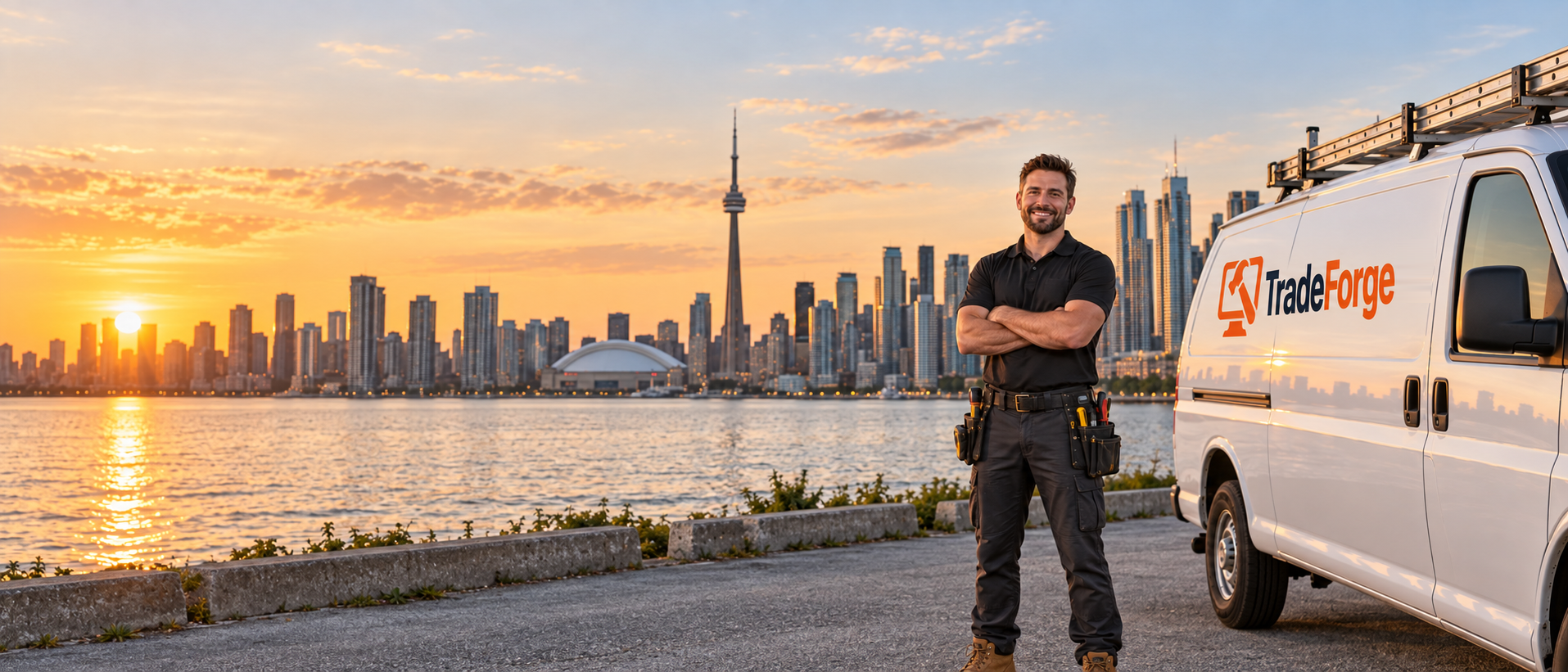 A tradesperson beside a work van with the Toronto skyline behind them.